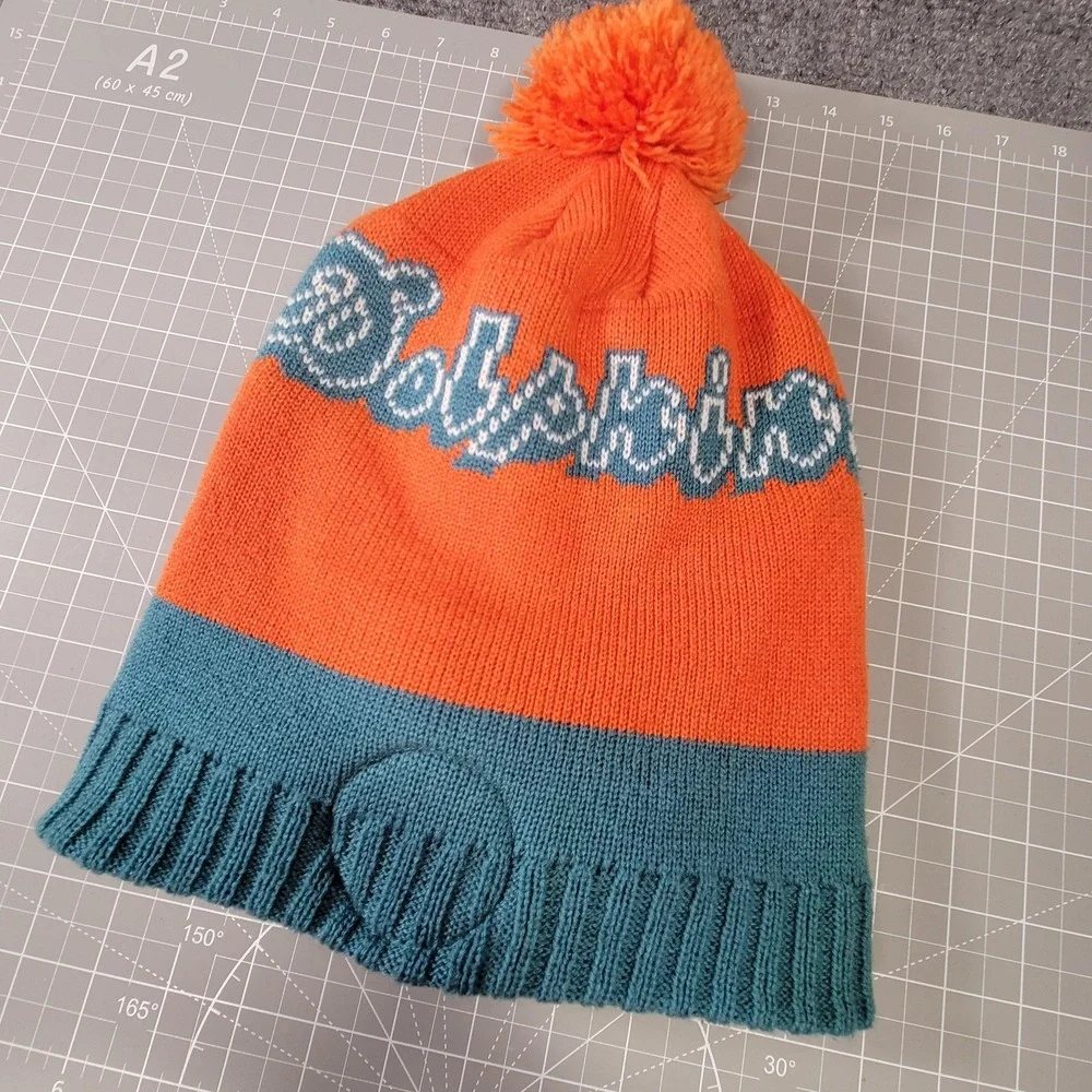 Miami‎ Dolphins Hat Beanie Mens Orange Teal NFL Football Pom Cuffed Knit Script